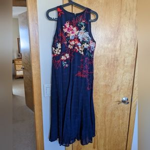 Anthropologie blue midi dress with embroidery